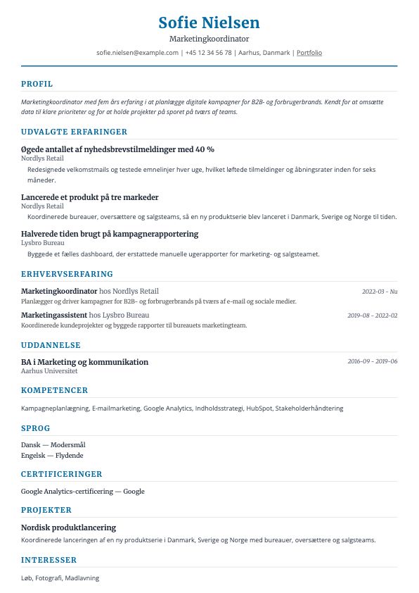 Eksempel på CV-skabelonen Klassisk