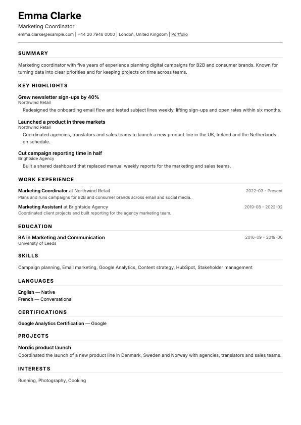Preview of the Clean CV template