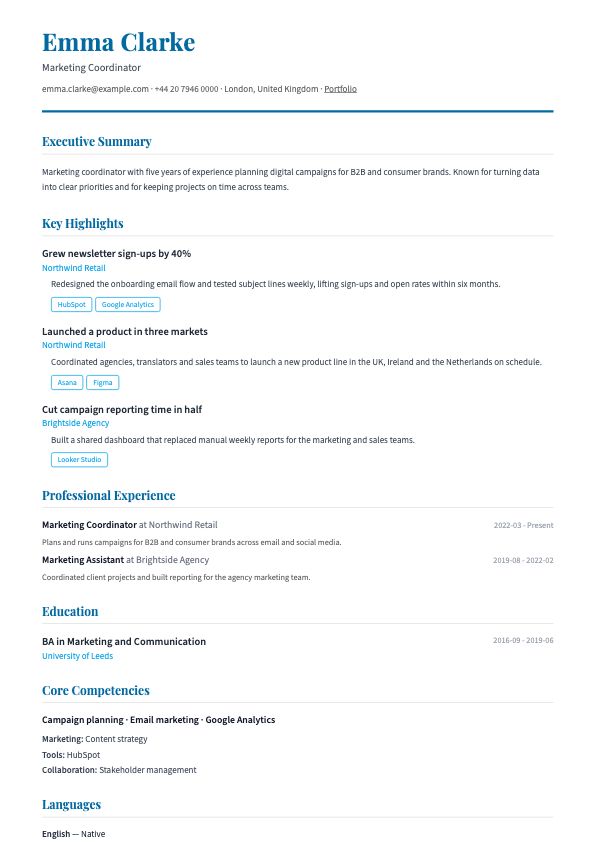Preview of the Executive CV template