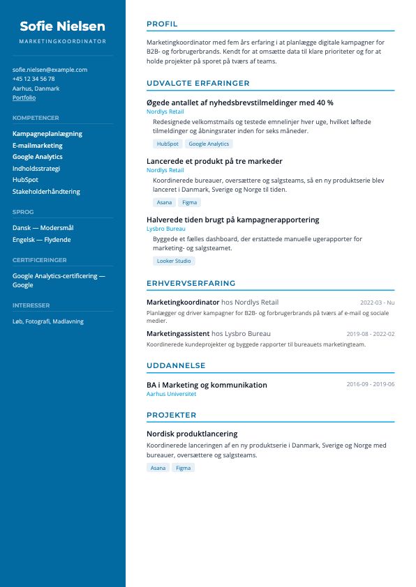 Eksempel på CV-skabelonen Sidepanel