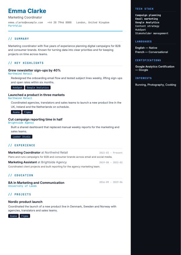 Preview of the Tech CV template