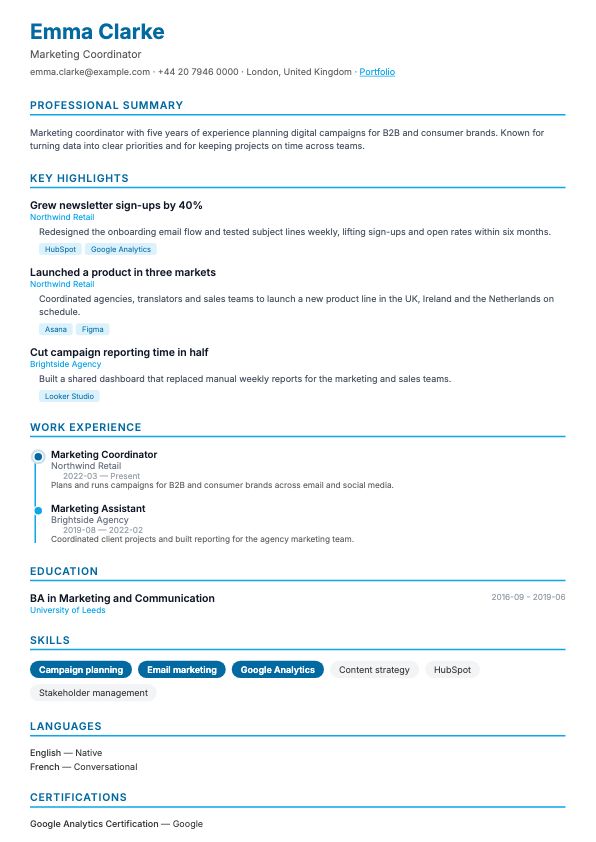 Preview of the Timeline CV template
